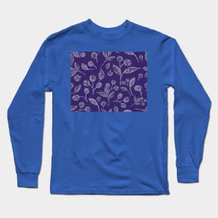 Seamless winter pattern with snow-covered berries. Hand drawn watercolor blueberries and leaves on blue. Perfect for greeting card, postcard, poster, logo, textile, fabric, packaging, wrapping paper. Long Sleeve T-Shirt